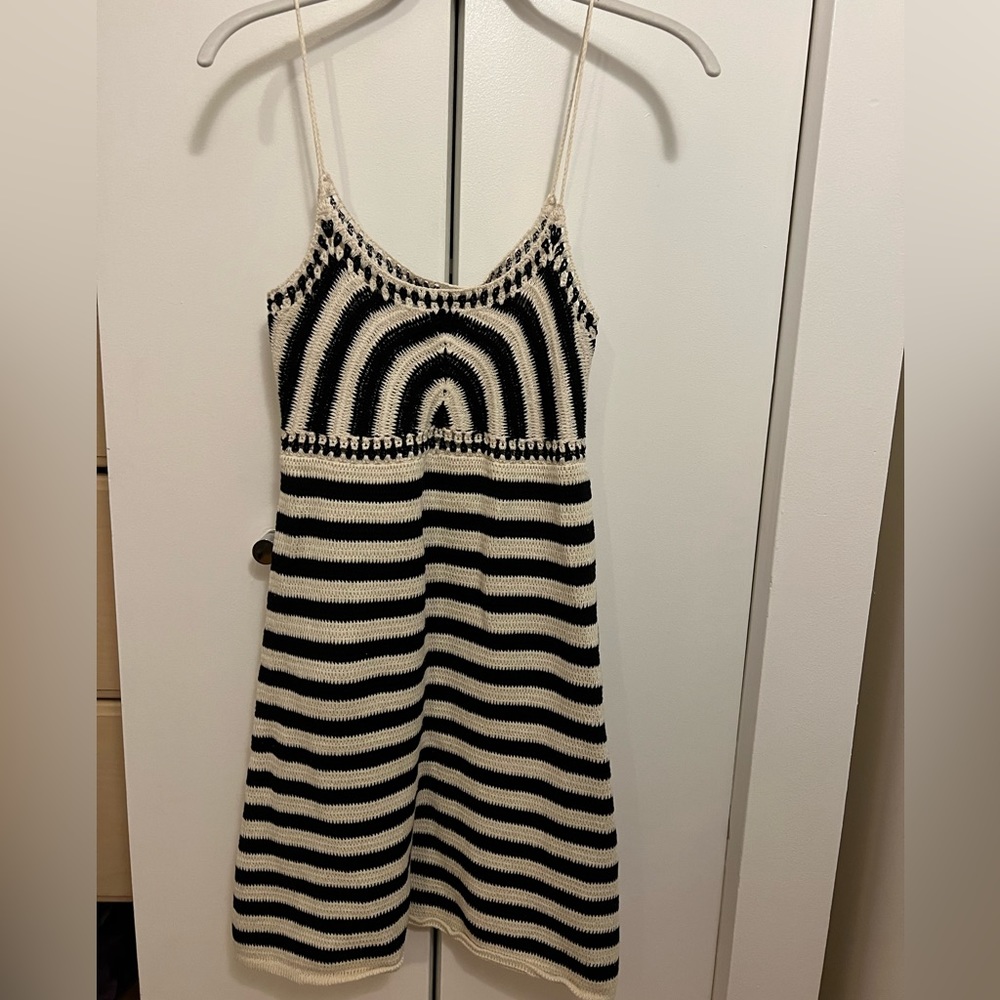 NWT Zara MED black and white striped crochet mini dress
